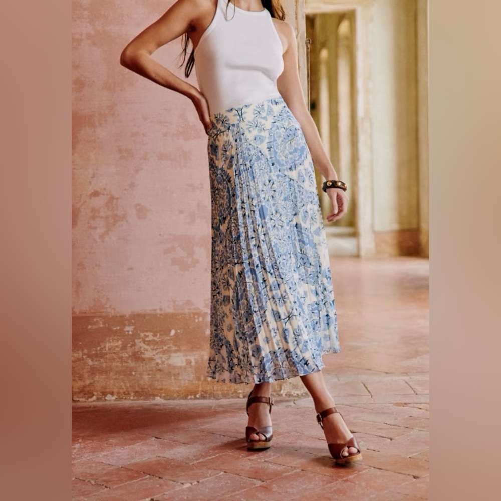 Sezane Blue and Cream Pleated Floral Midi Skirt